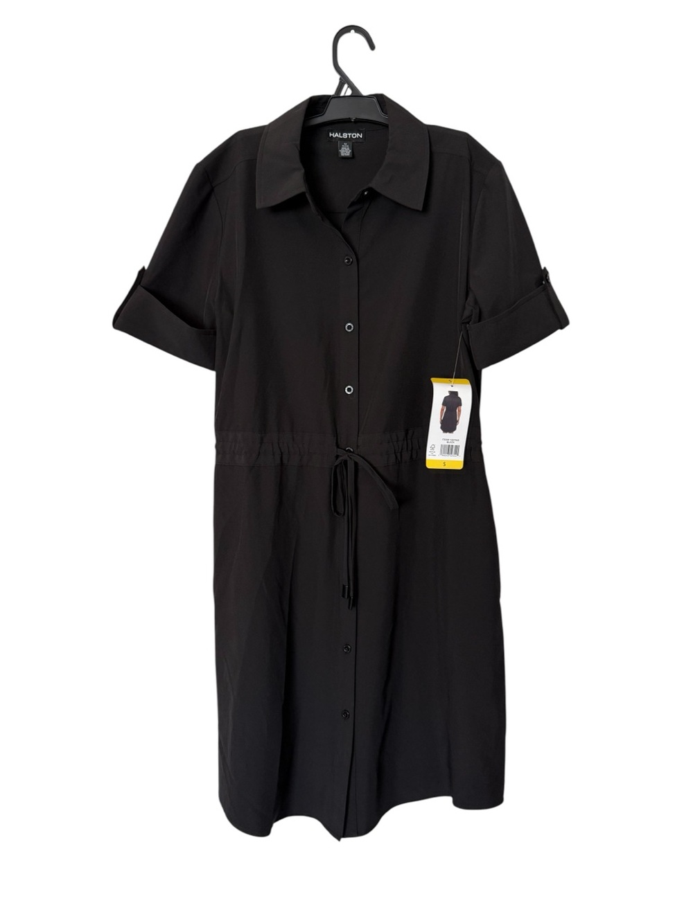 Halston Heritage Black Midi Shirt Dress with Drawstring Waist